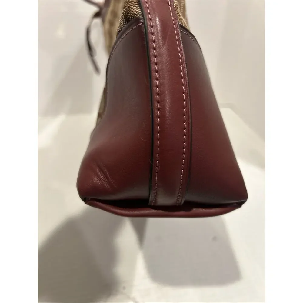 Coach F34824 Ivie Burgundy Leather Trim Beige Signature Hobo Purse Hand Bag